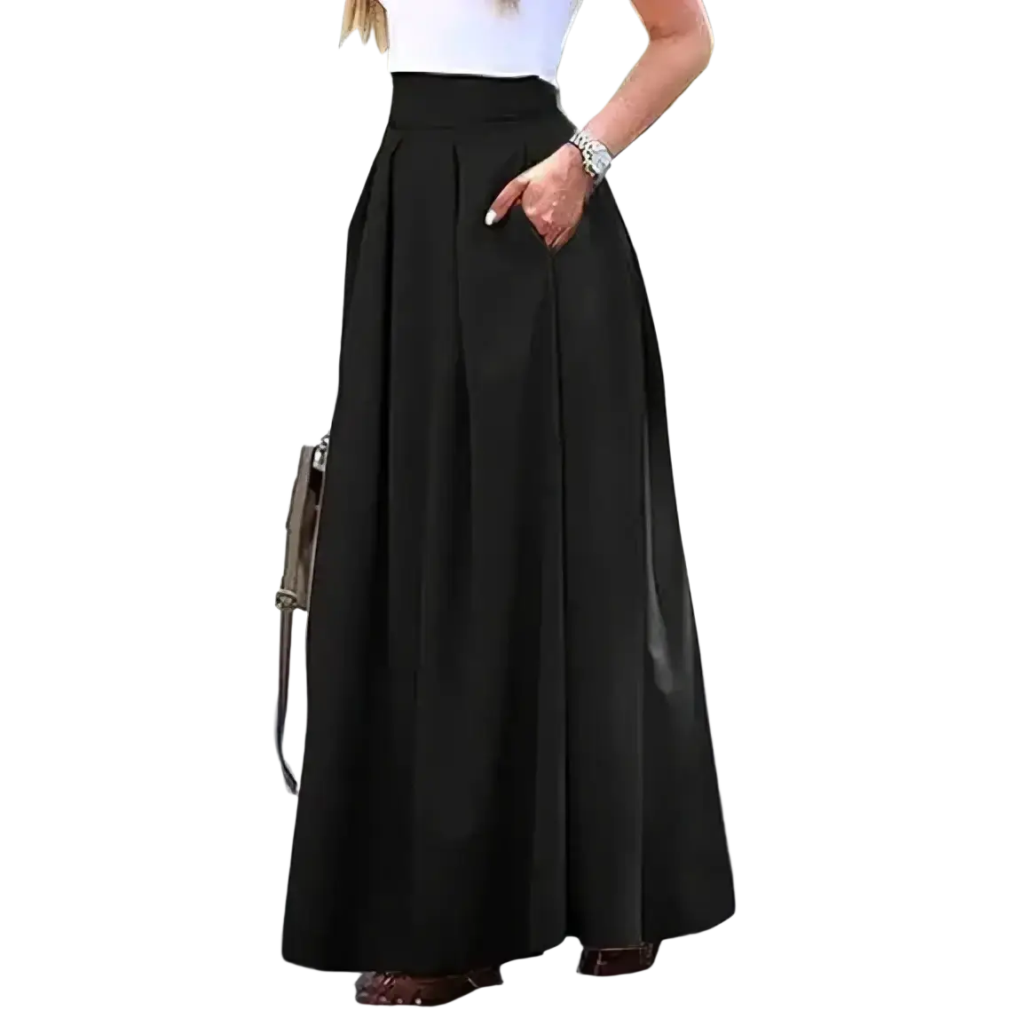 Black high waist maxi skirt with pleated design and smooth flowing fabric perfect for elegant occasions