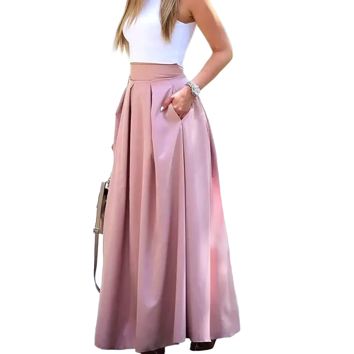 A flowing dusty rose pleated high waist maxi skirt made of lightweight fabric for elegant wear