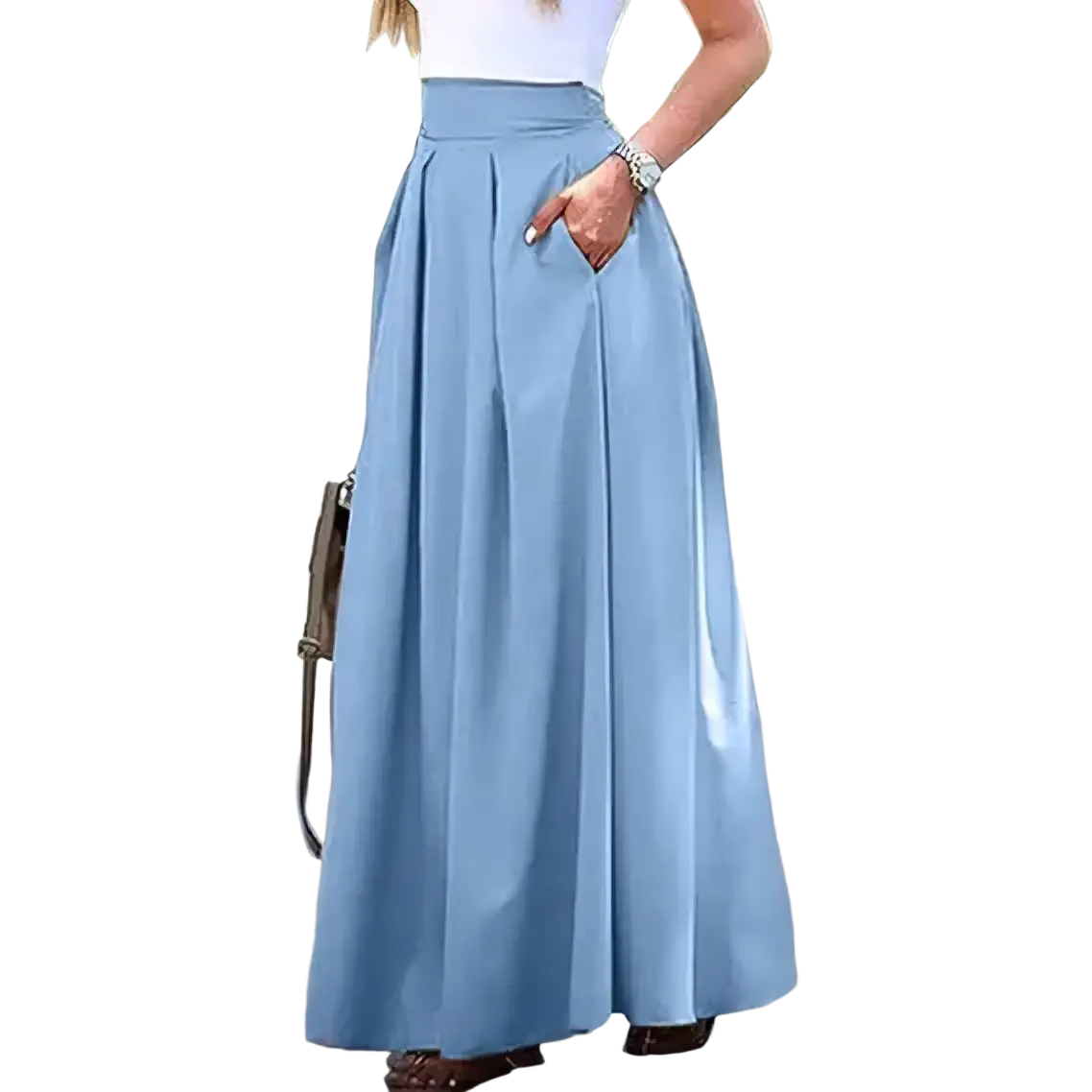 Light blue pleated high waist maxi skirt with flowing fabric and side pockets suitable for casual wear