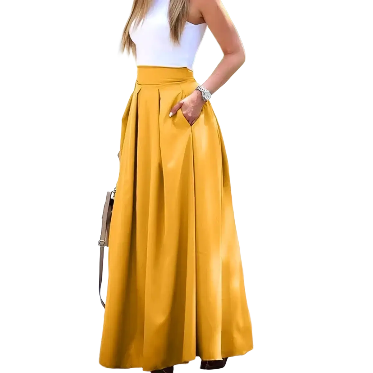 A flowing mustard-yellow pleated high waist maxi skirt made of lightweight fabric for elegant occasions