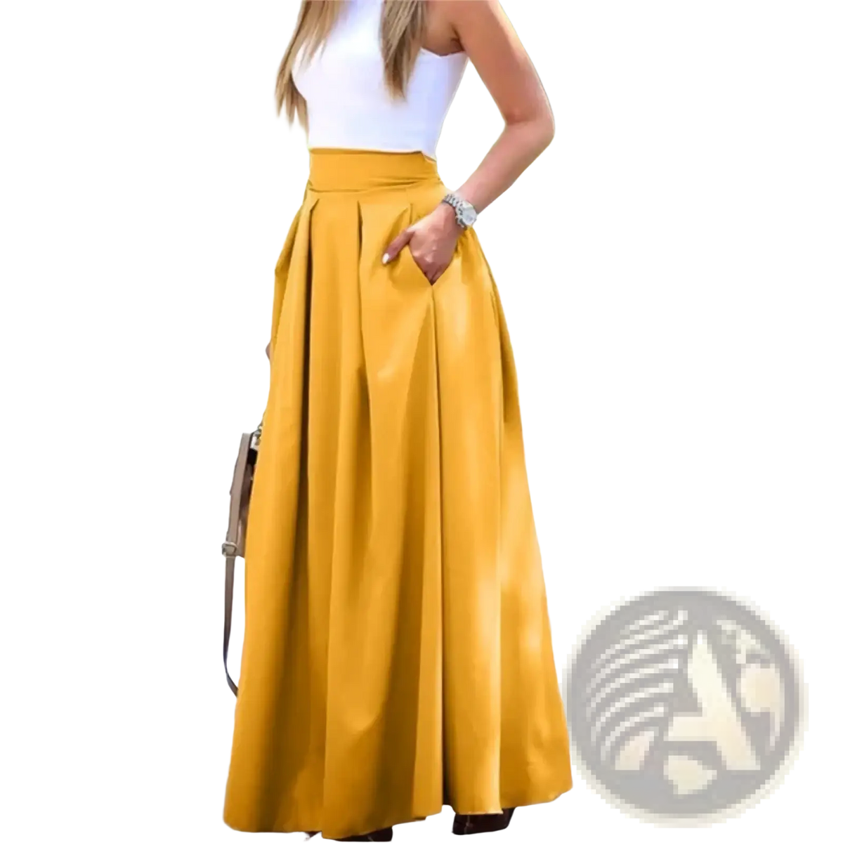 A flowing mustard-yellow pleated high waist maxi skirt with side pockets perfect for elegant occasions