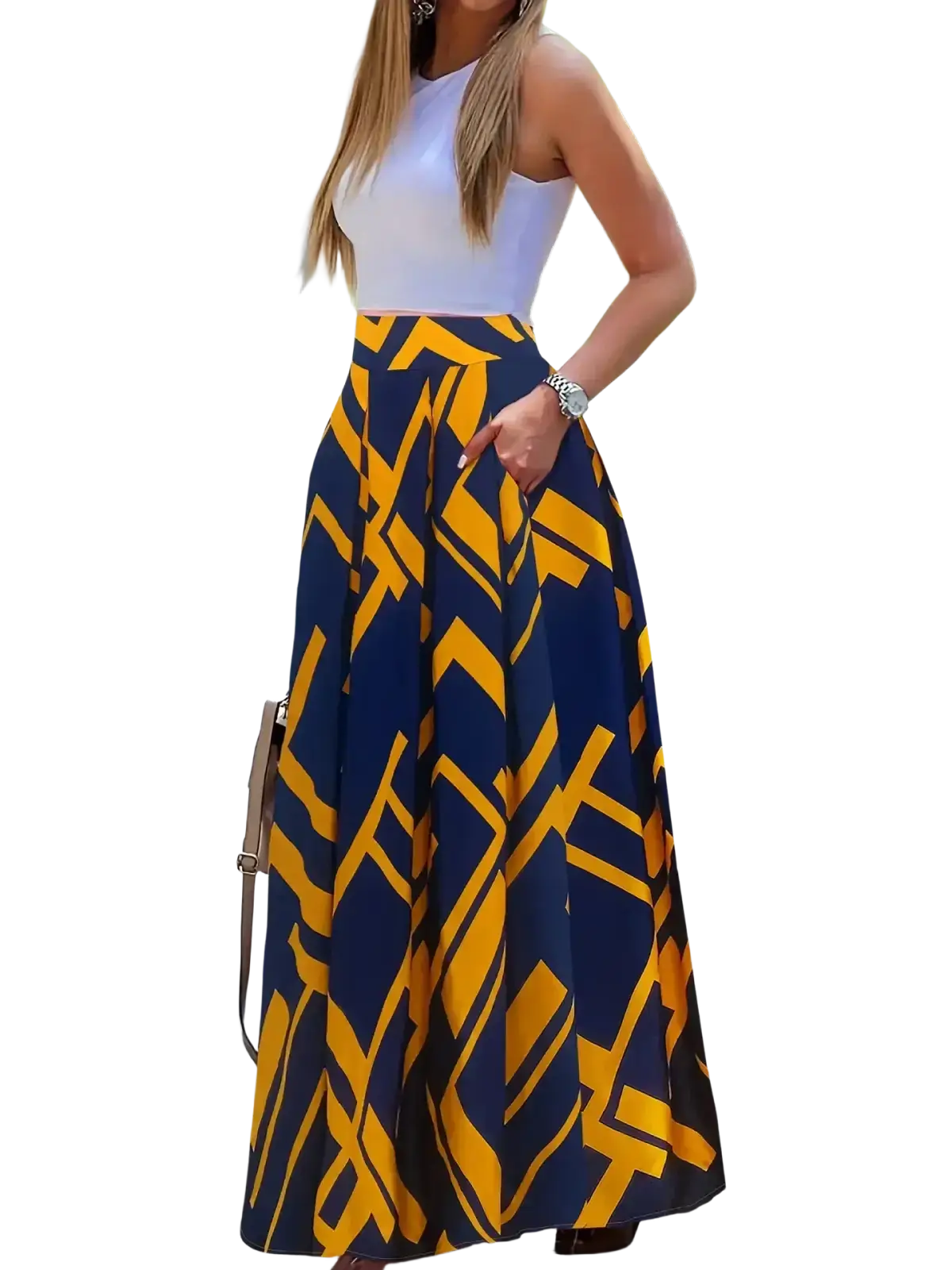 Pleated high waist maxi skirt in navy blue and gold geometric pattern with flowing silhouette and high waist design
