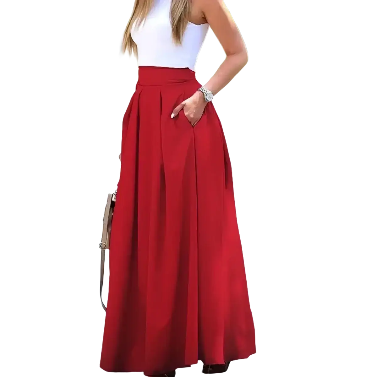 A vibrant red pleated high waist maxi skirt with flowing design and practical side pockets