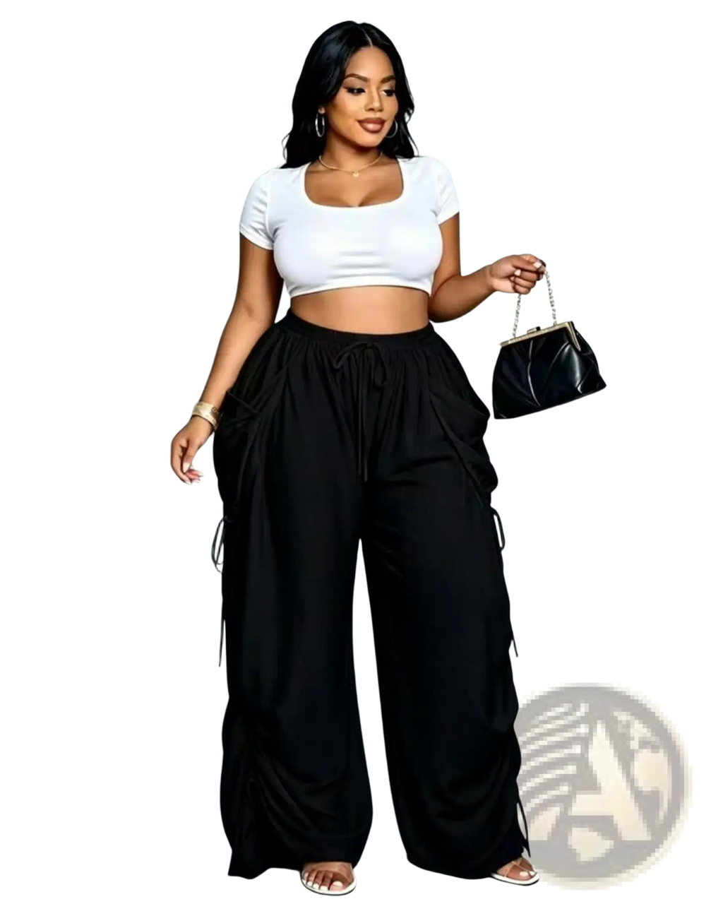Black faux leather clutch with chain strap and gold tone hardware complementing pleated high waist wide leg cargo pants