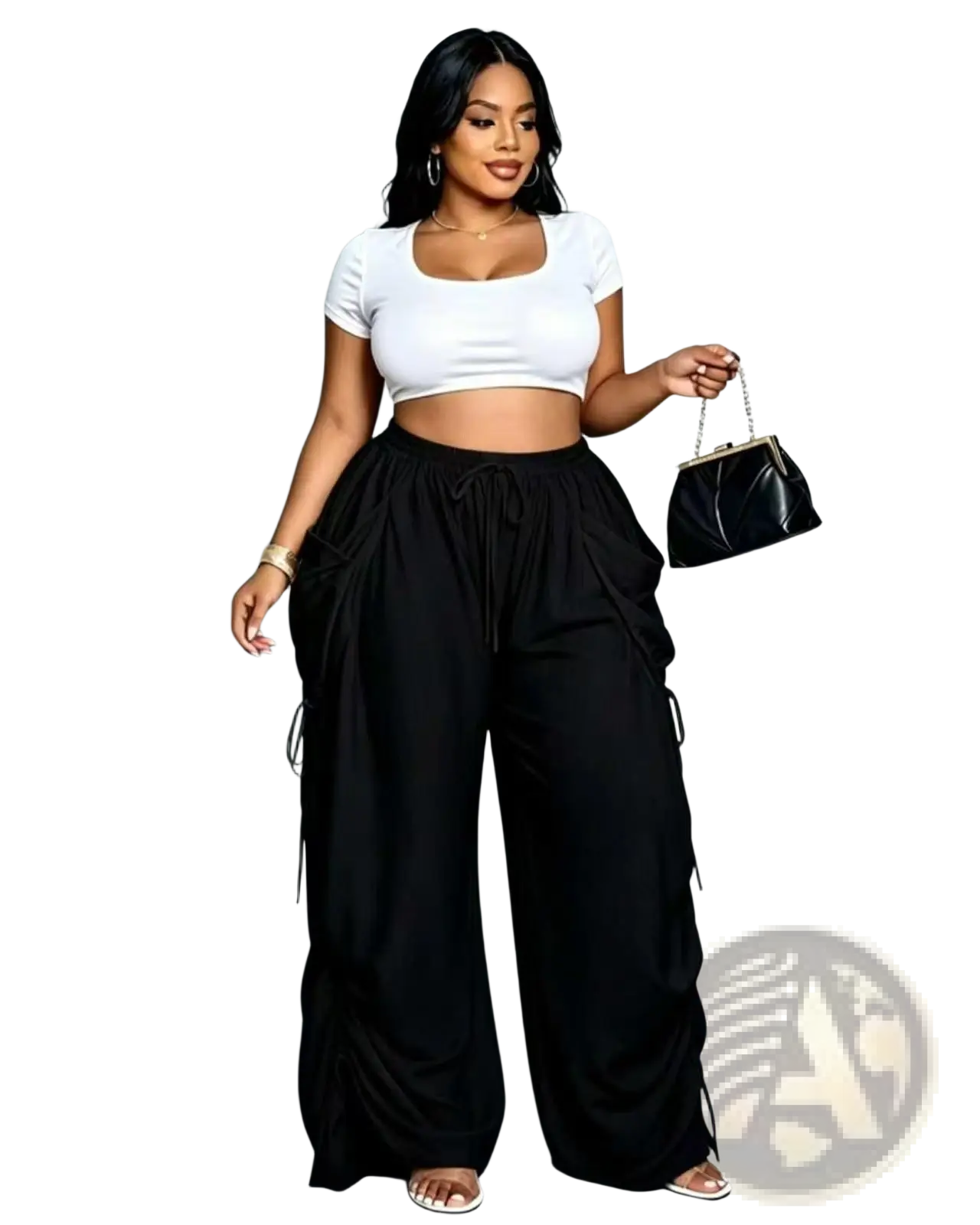 Black faux leather clutch with chain strap and gold tone hardware complementing pleated high waist wide leg cargo pants