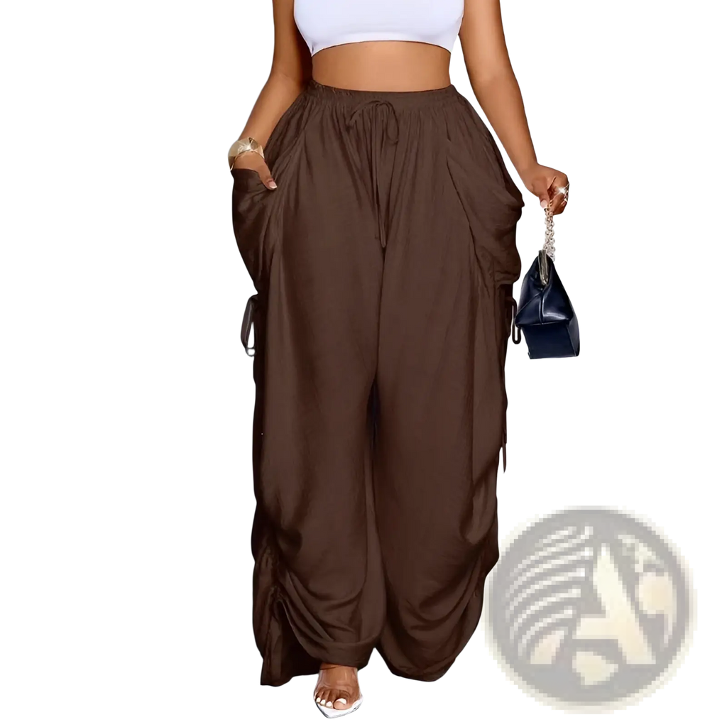 Brown viscose pleated high waist wide leg cargo pants with a relaxed flowing silhouette and side pockets