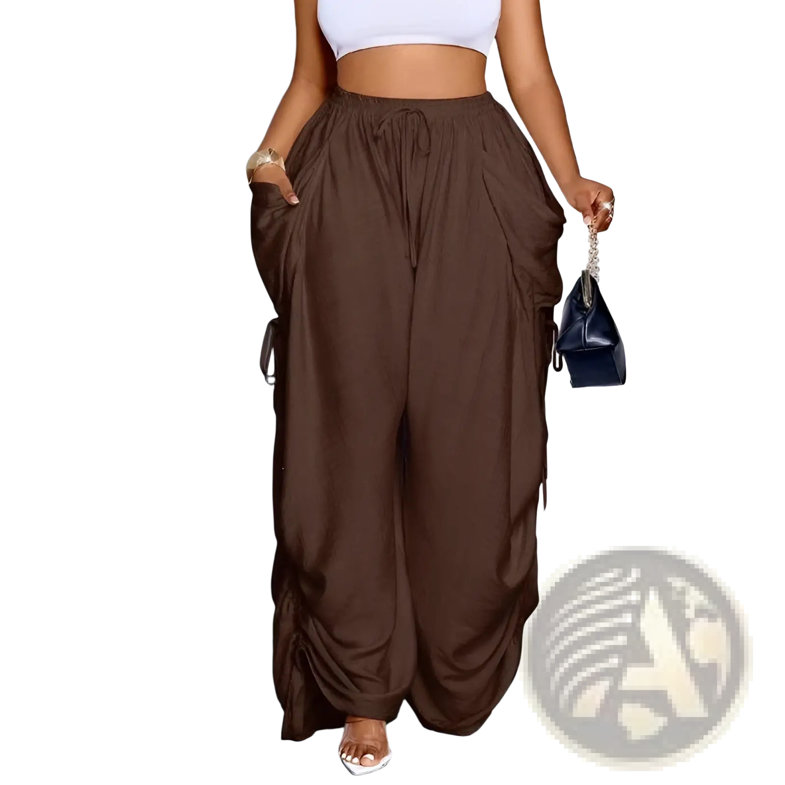 Brown viscose pleated high waist wide leg cargo pants with a relaxed flowing silhouette and side pockets