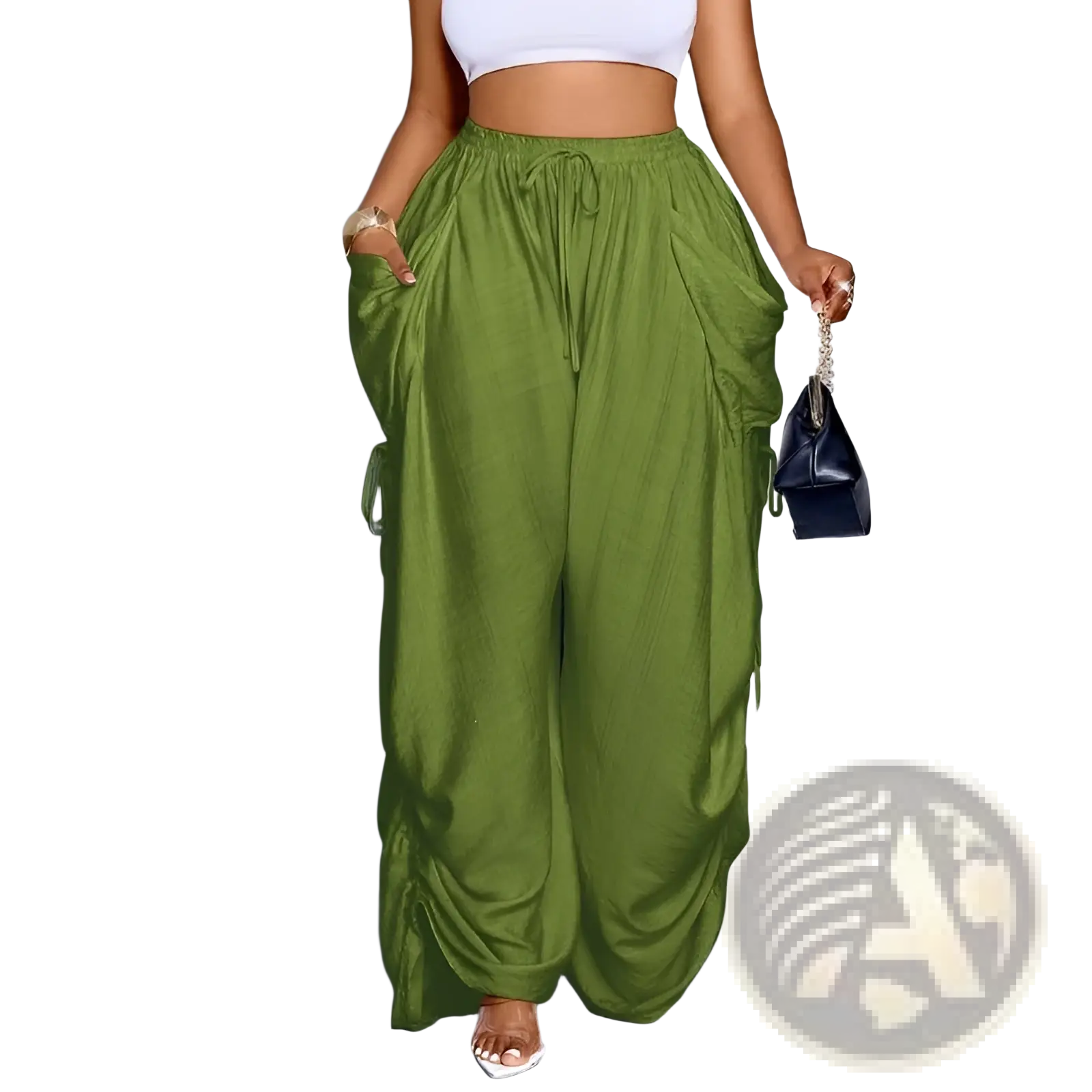 Pleated high waist wide leg cargo pants in olive green viscose with drawstring waist and side pockets
