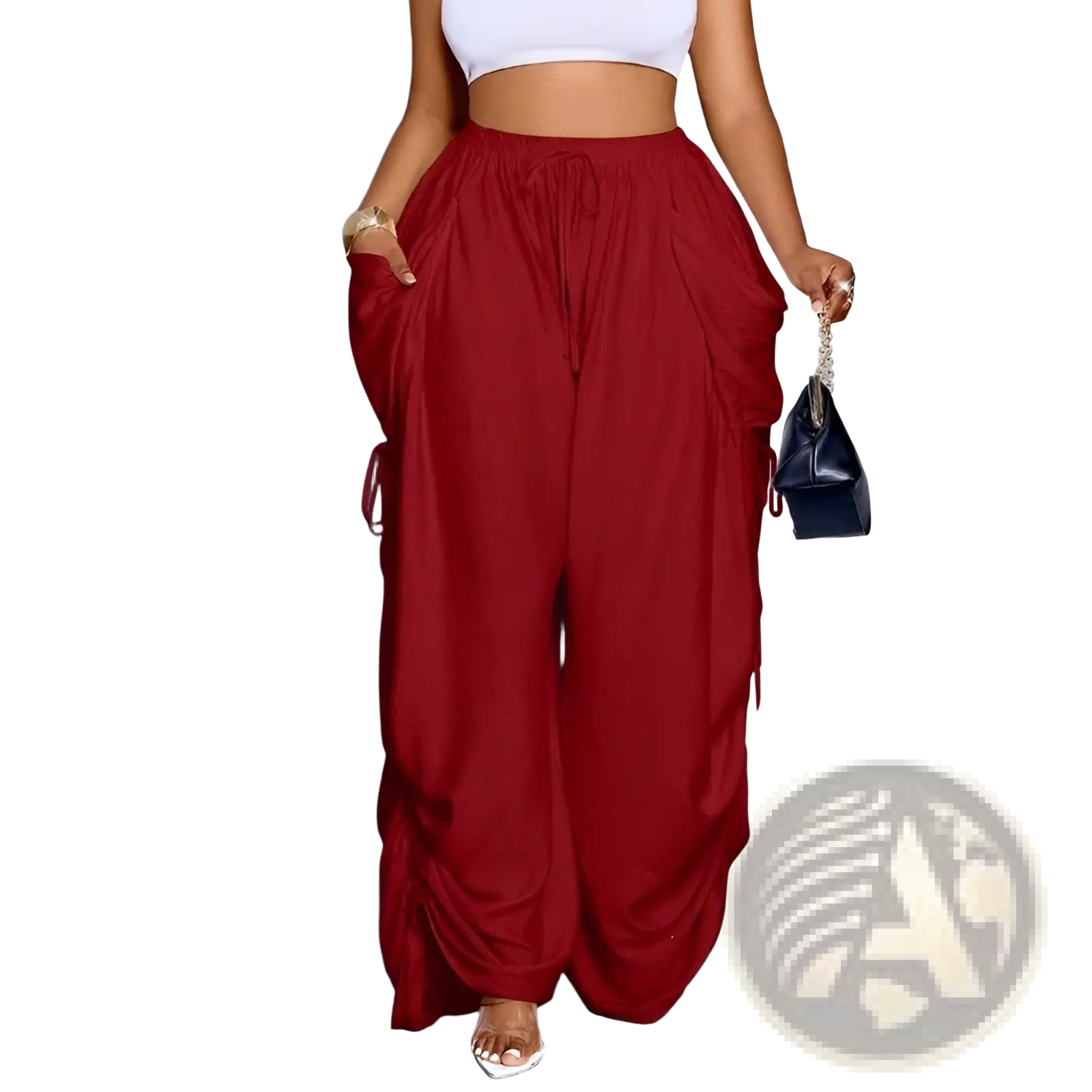 Pleated high waist wide leg cargo pants in red viscose with relaxed silhouette and side pockets visible from the back