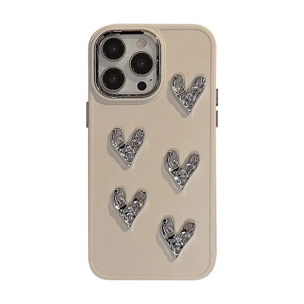 Beige pleated metallic heart charm phone case with five shiny textured silver heart charms on the back side