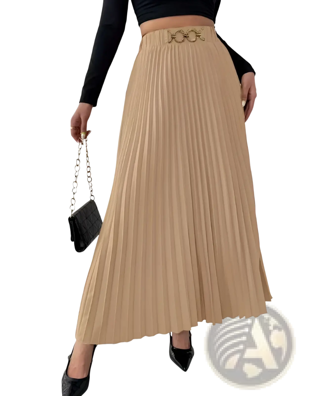 Beige high-waisted pleated midi skirt with a-line silhouette and gold-toned chain belt detail