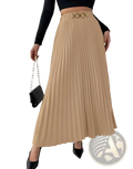 Beige high-waisted pleated midi skirt with a-line silhouette and gold-toned chain belt detail