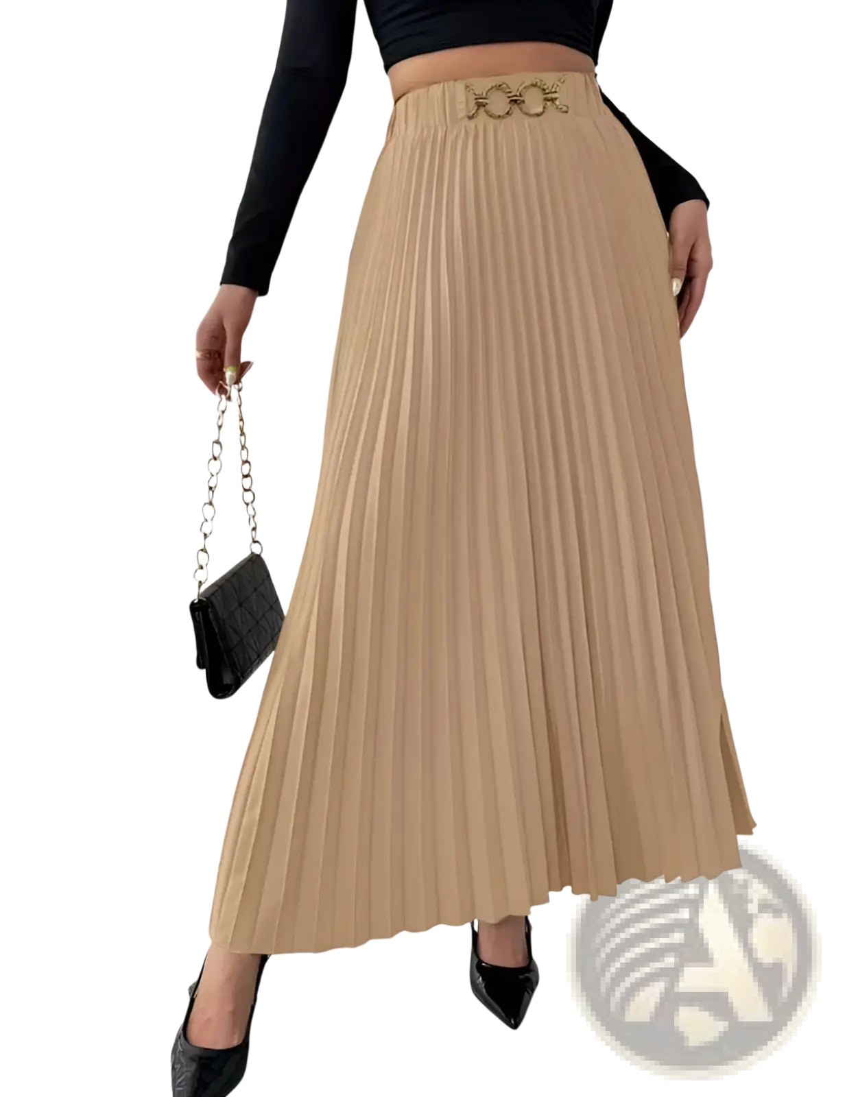 Beige high-waisted pleated midi skirt with a-line silhouette and gold-toned chain belt detail