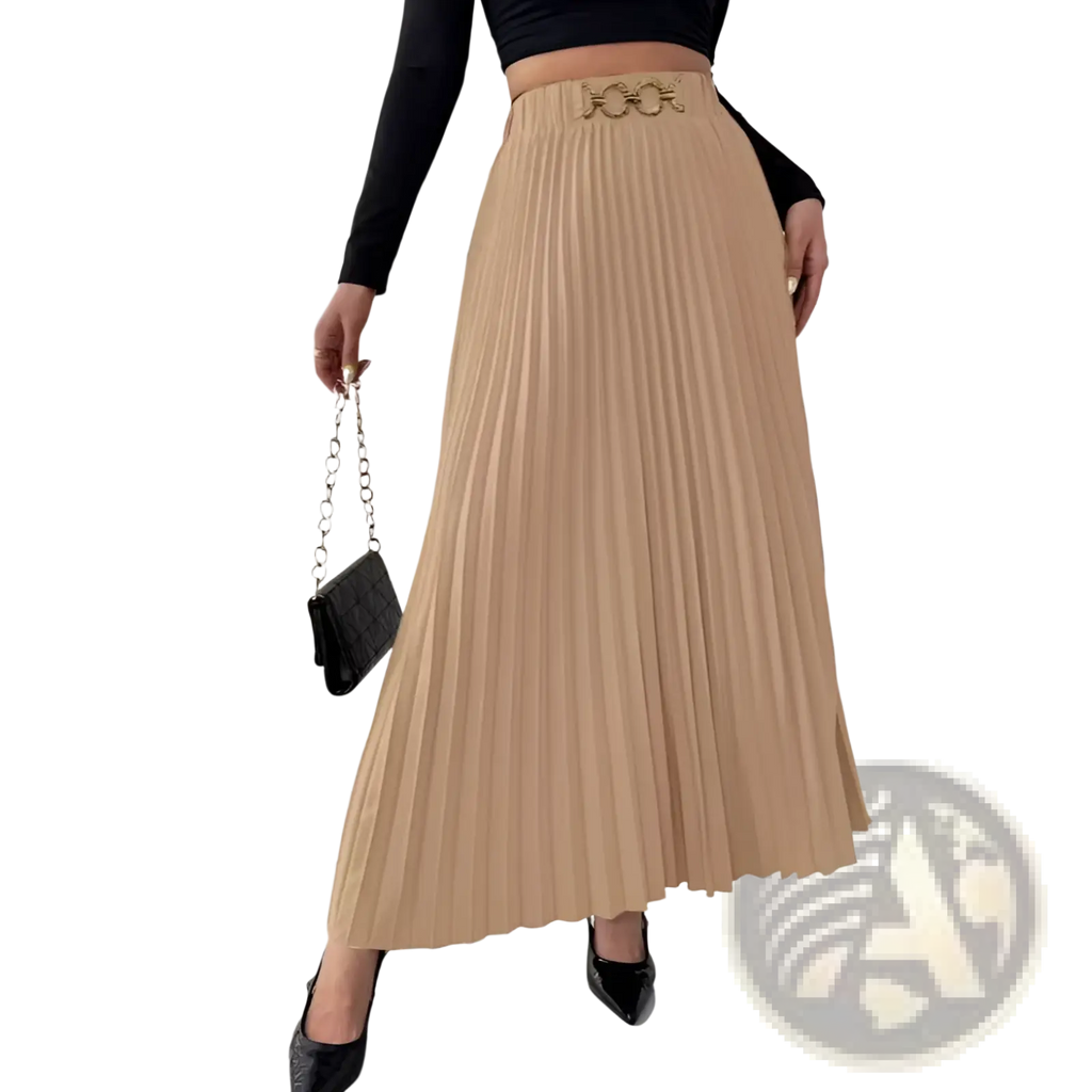 Beige pleated midi skirt with a metallic belt buckle in high-waisted a-line design
