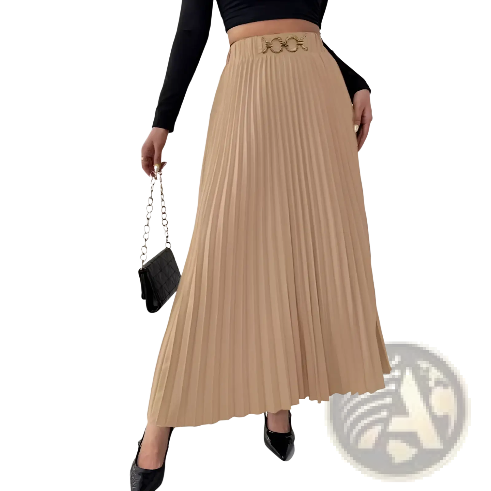 Beige pleated midi skirt with a metallic belt buckle in high-waisted a-line design