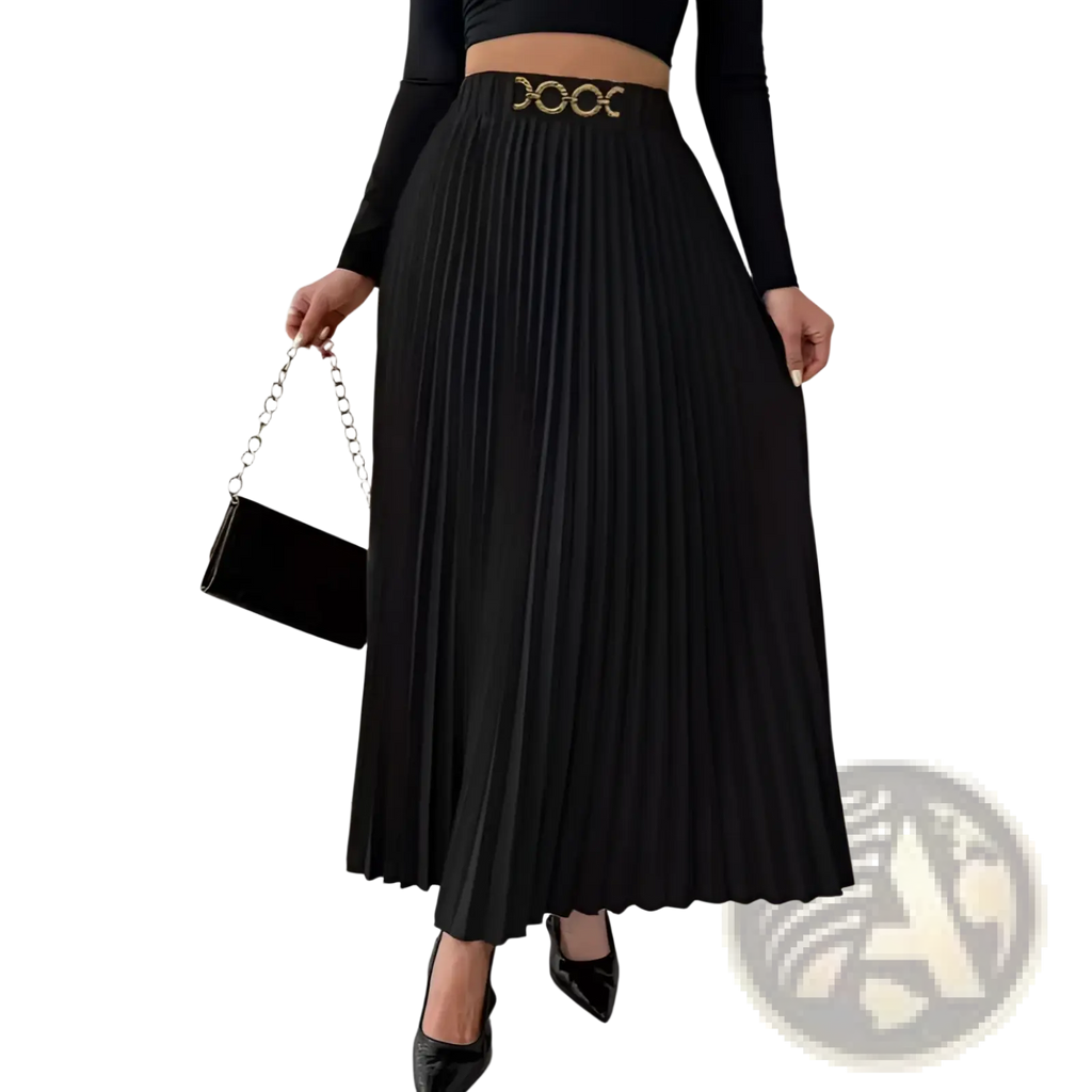 Black pleated midi skirt with gold-toned ornate circular belt high-waisted a-line design in elegant fabric