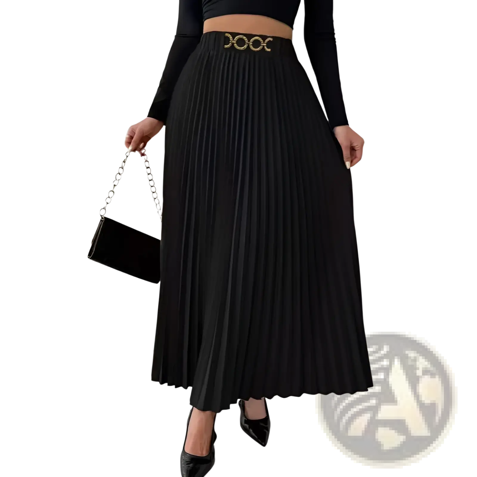 Black pleated midi skirt with gold-toned ornate circular belt high-waisted a-line design in elegant fabric