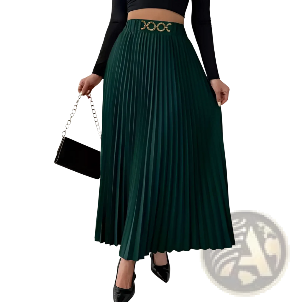 Deep green pleated midi skirt with gold-toned geometric belt buckle high-waisted a-line design