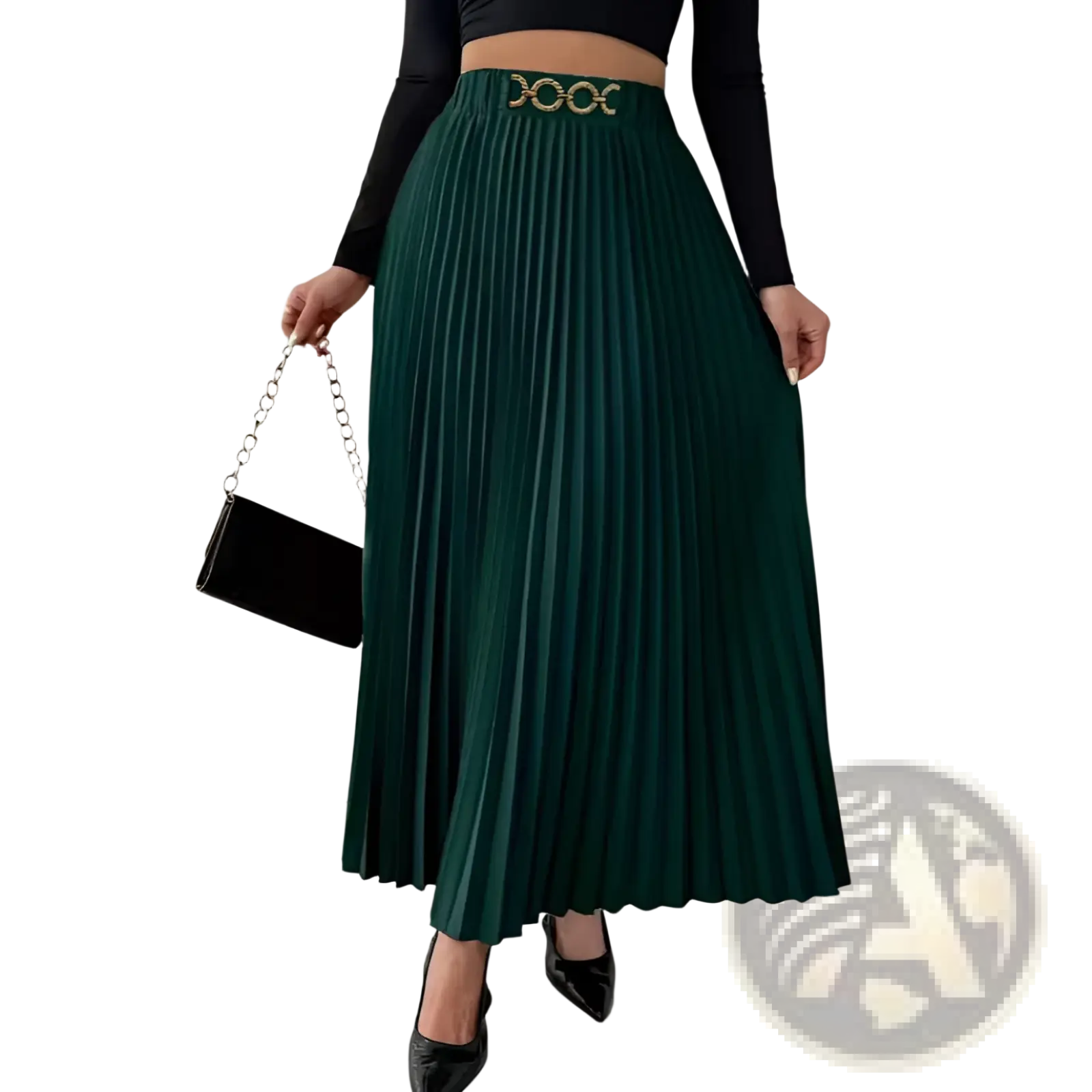 Deep green pleated midi skirt with gold-toned geometric belt buckle high-waisted a-line design
