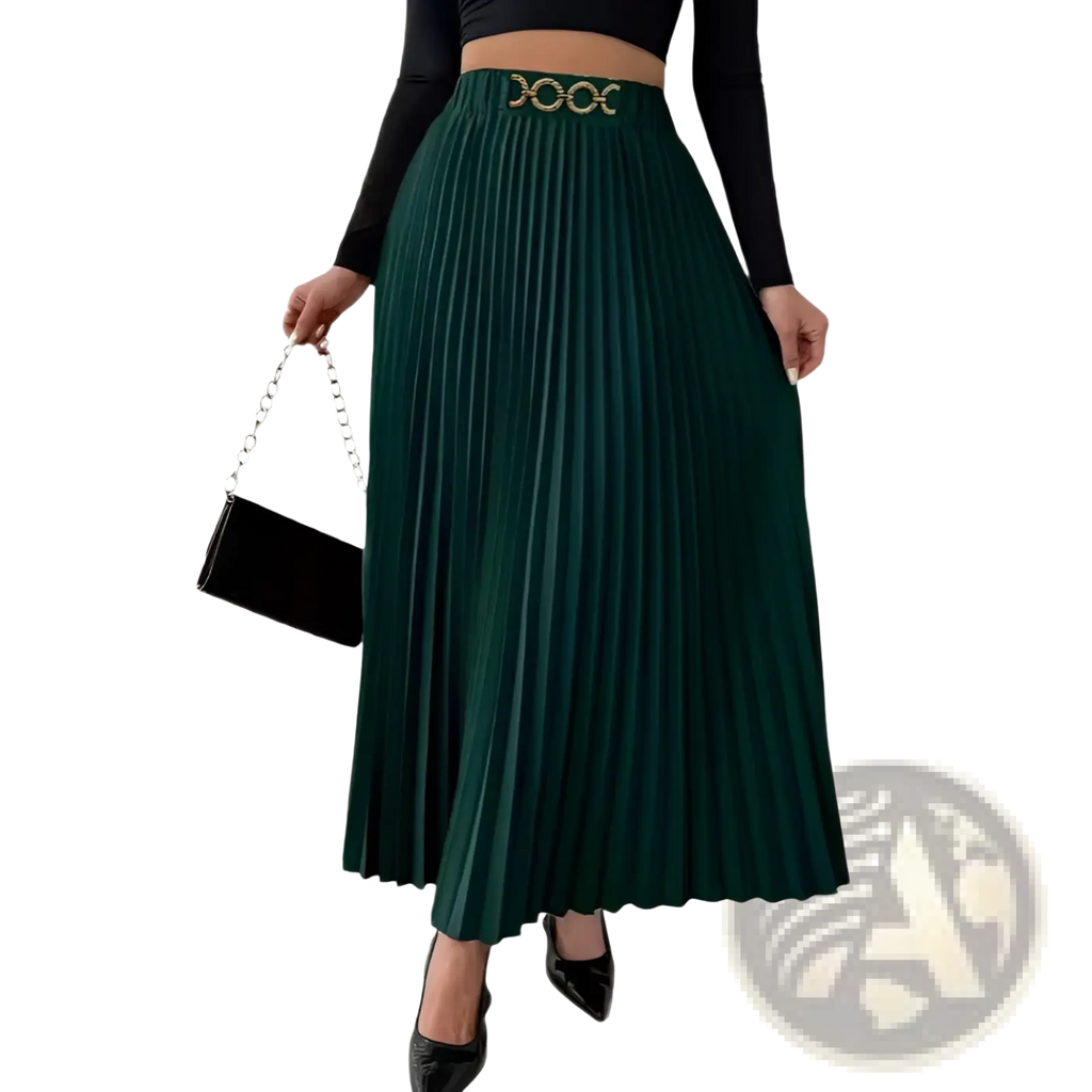 Deep green pleated midi skirt with decorative gold toned belt buckle high waisted a line design