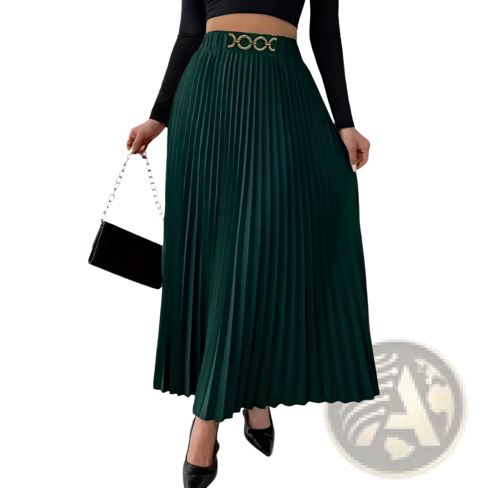 Deep green pleated midi skirt with decorative gold toned belt buckle high waisted a line design
