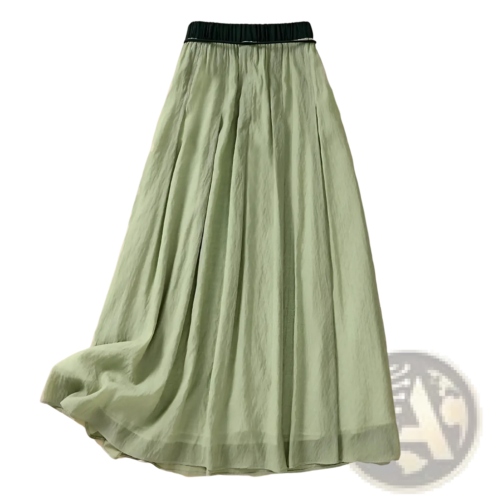 A flowing sage green linen midi pleated skirt with a black elastic waistband in viscose a-line design