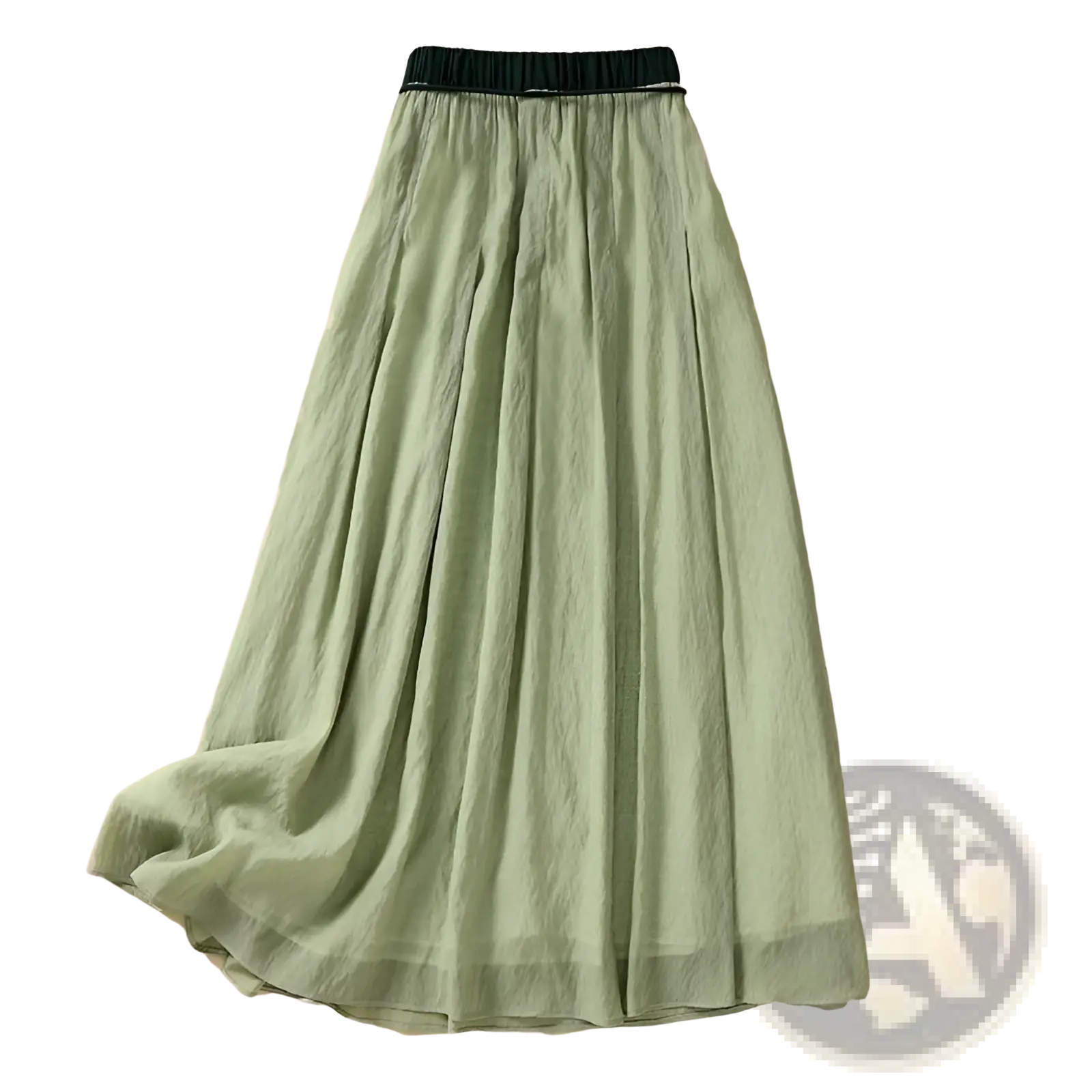 A flowing sage green linen midi pleated skirt with a black elastic waistband in viscose a-line design