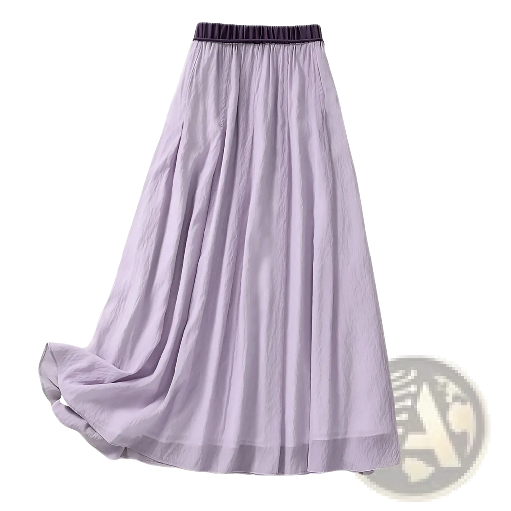 Pleated midi skirt with elastic waistband in flowing lavender viscose fabric for a lightweight a-line fit