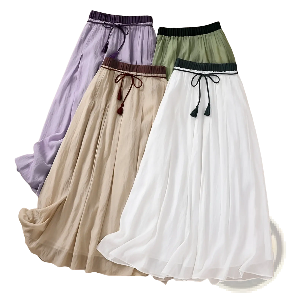 Pleated midi skirts with elastic waist drawstrings in lavender beige olive green and white viscose a-line design