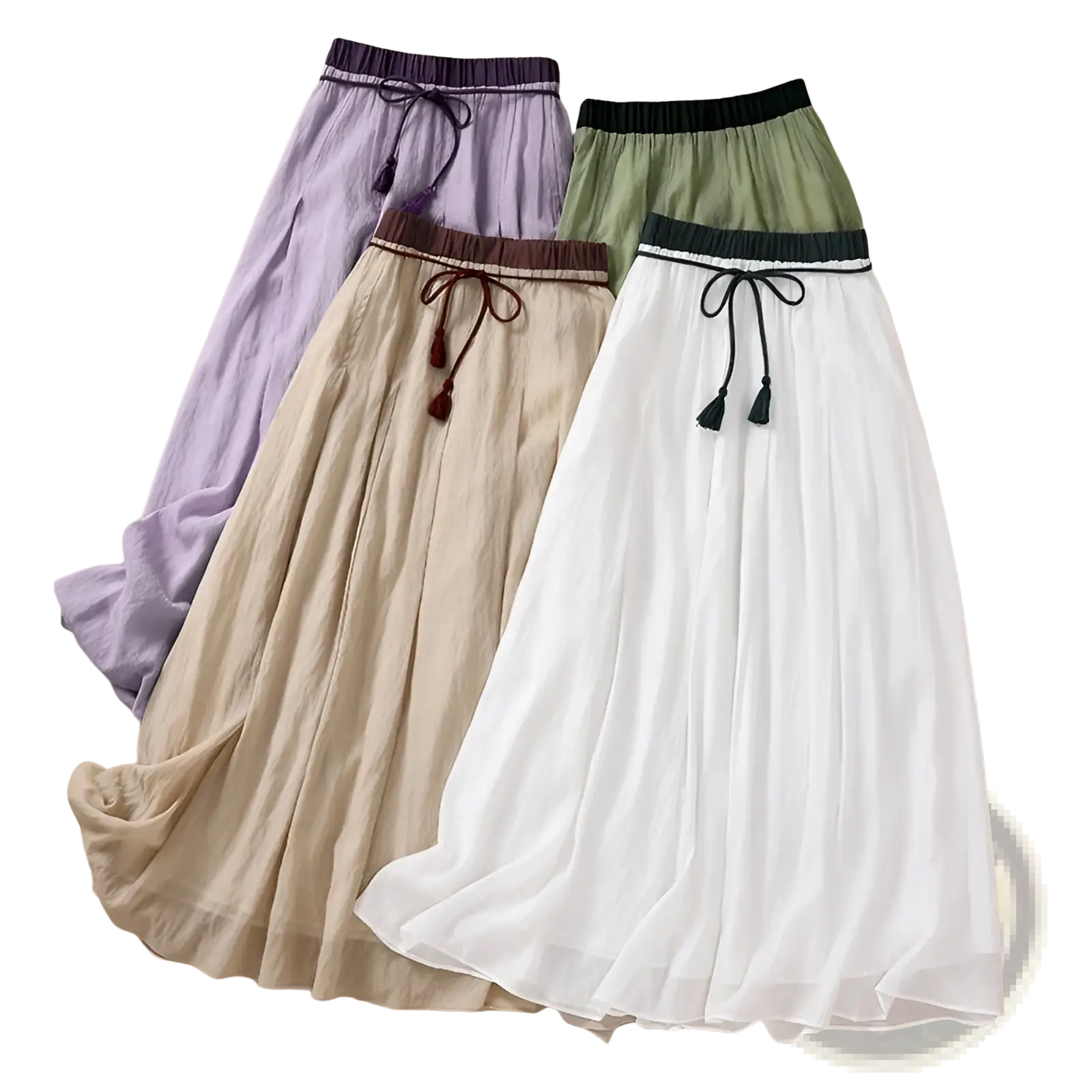 Pleated midi skirts with elastic waist drawstrings in lavender beige olive green and white viscose a-line design