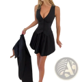 Black sleeveless pleated mini dress with plunging v neckline from two piece set for elegant occasions