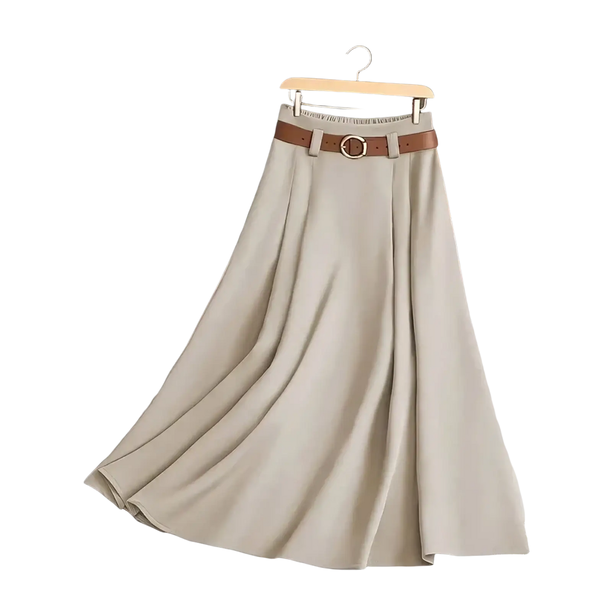 Beige pleated office midi skirt with a brown leather belt featuring a gold toned buckle for formal wear
