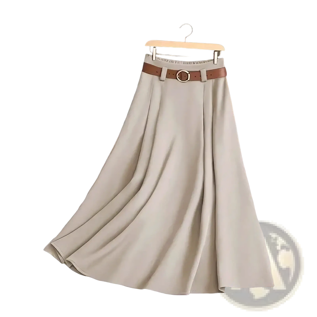 Beige high-waisted pleated office midi skirt with brown leather belt and gold-toned buckle for professional wear
