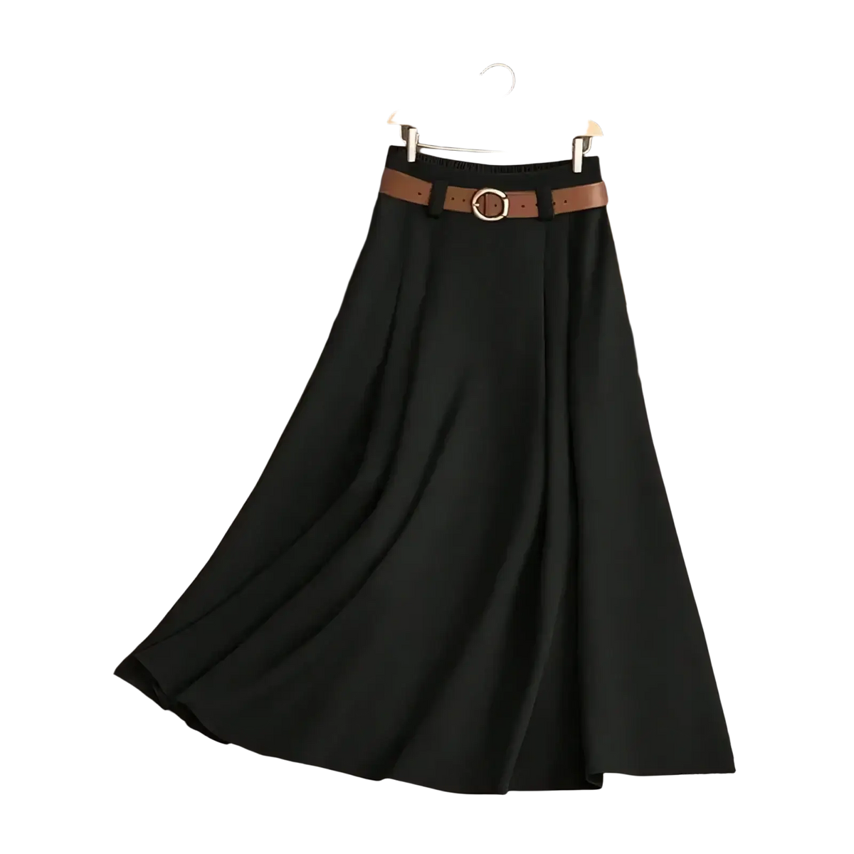Black pleated office midi skirt with a brown leather belt featuring a gold toned buckle for professional wear