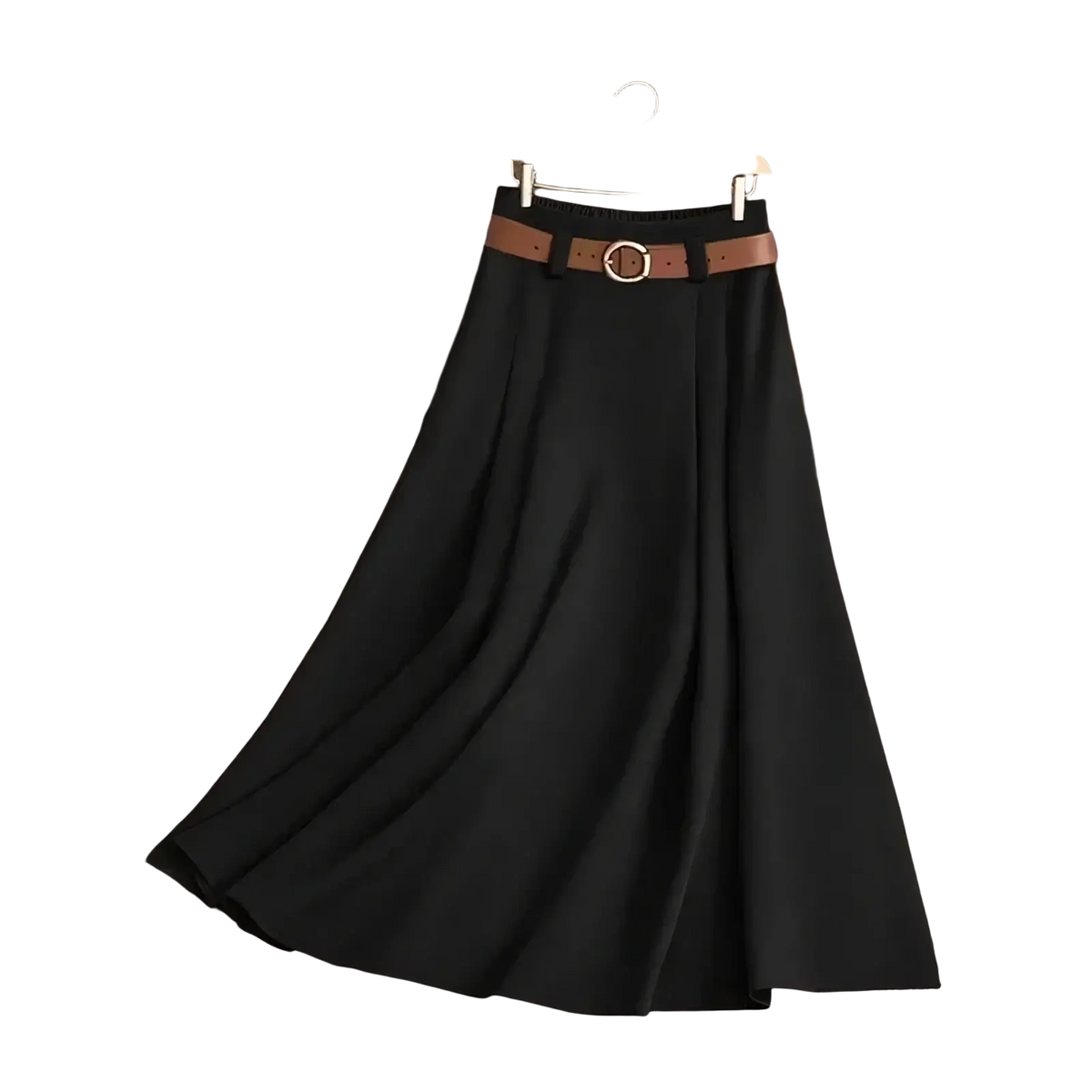 Black pleated office midi skirt with a brown leather belt featuring a gold-toned buckle for professional wear