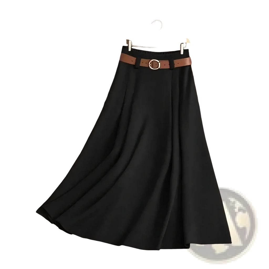 Black pleated office midi skirt with a brown leather belt featuring a gold-toned buckle for professional wear