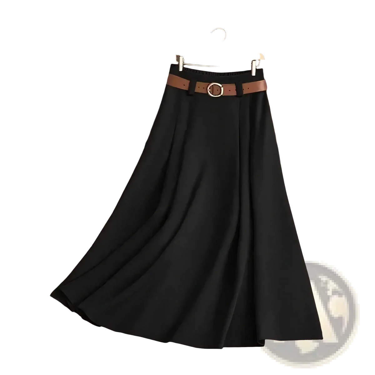 Black pleated office midi skirt with a brown leather belt featuring a gold-toned buckle for professional wear