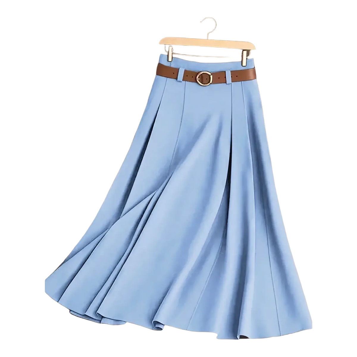 Light blue pleated office midi skirt with brown leather belt and circular buckle for professional wear