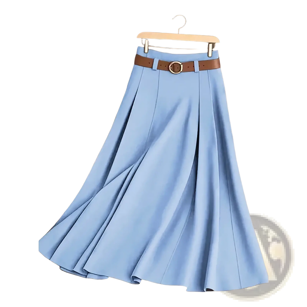 Light blue pleated office midi skirt with brown leather belt and circular buckle for professional wear