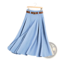 Light blue pleated office midi skirt with brown leather belt and circular buckle for professional wear
