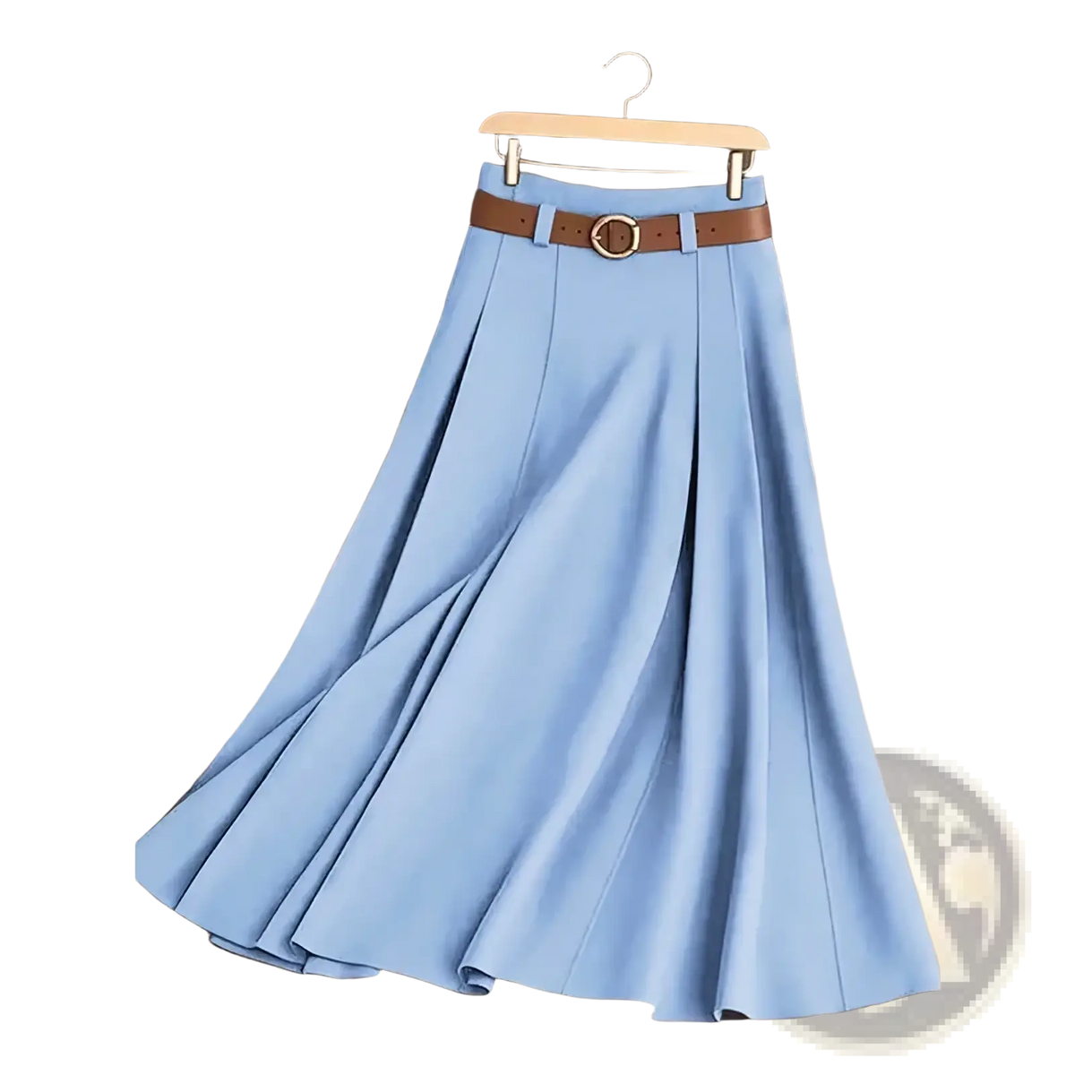 Light blue pleated office midi skirt with brown leather belt and circular buckle for professional wear