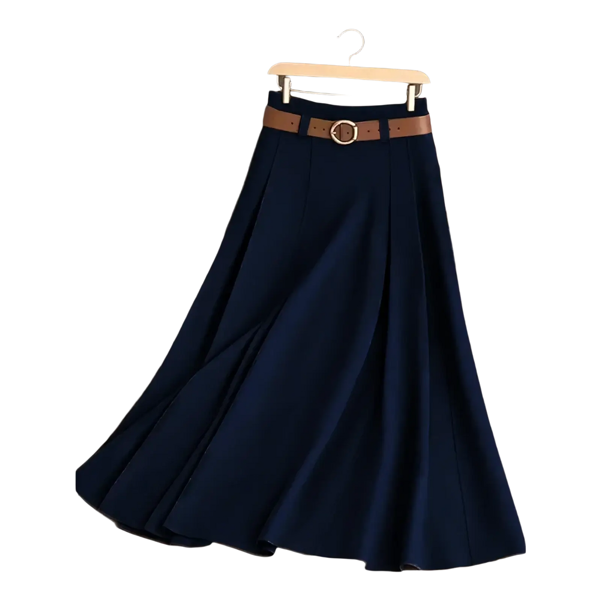 Navy blue pleated office midi skirt with brown leather belt and silver buckle for professional wear