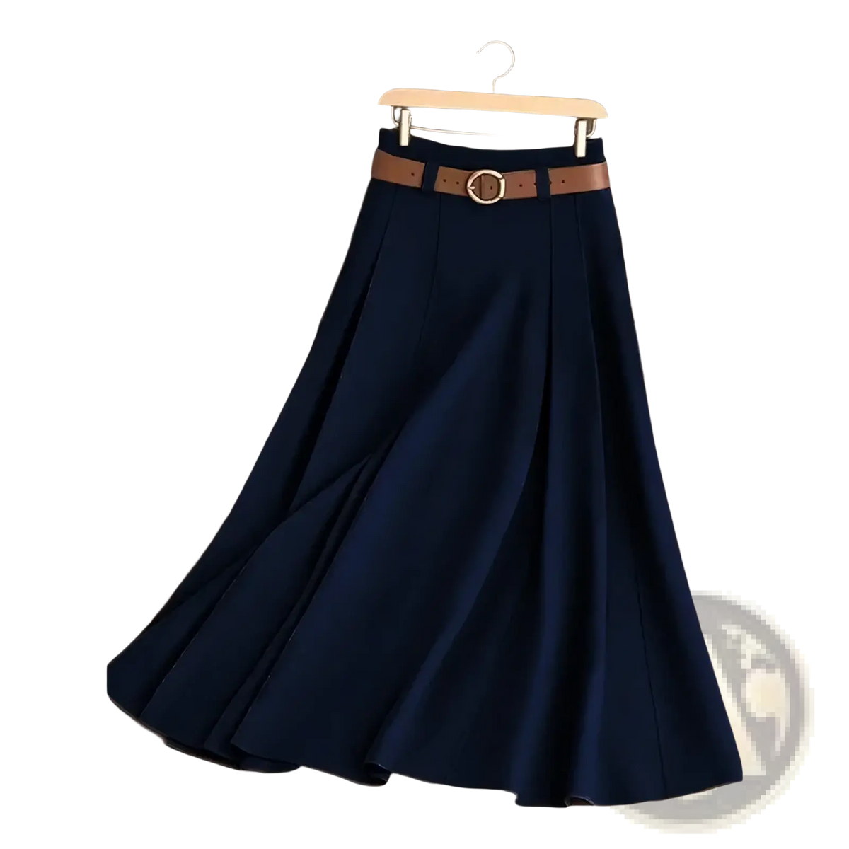 Navy blue pleated office midi skirt with brown leather belt featuring a gold toned buckle for professional wear