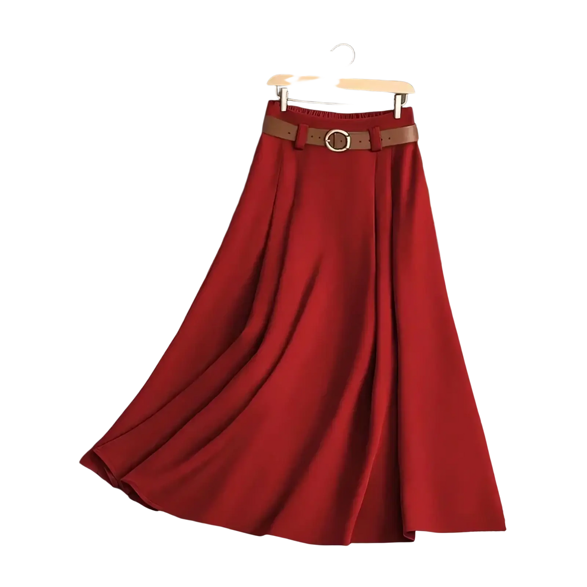 A rich red pleated office midi skirt with a high waist and matching brown leather belt with gold buckle