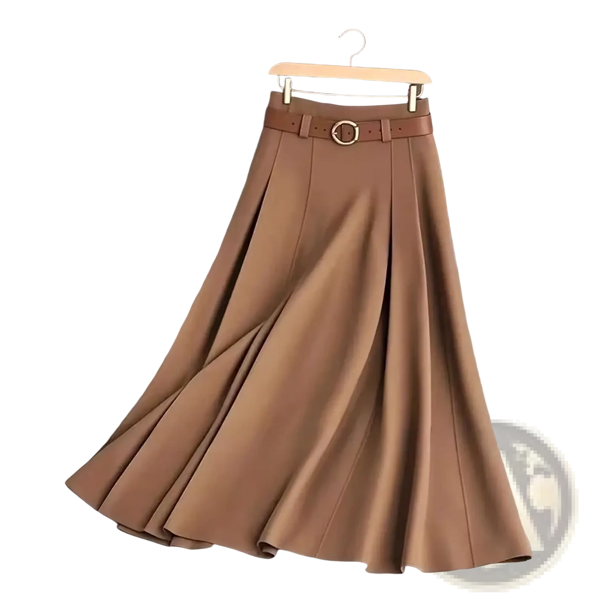A tan pleated office midi skirt with matching belt and gold-toned buckle displayed on a wooden hanger