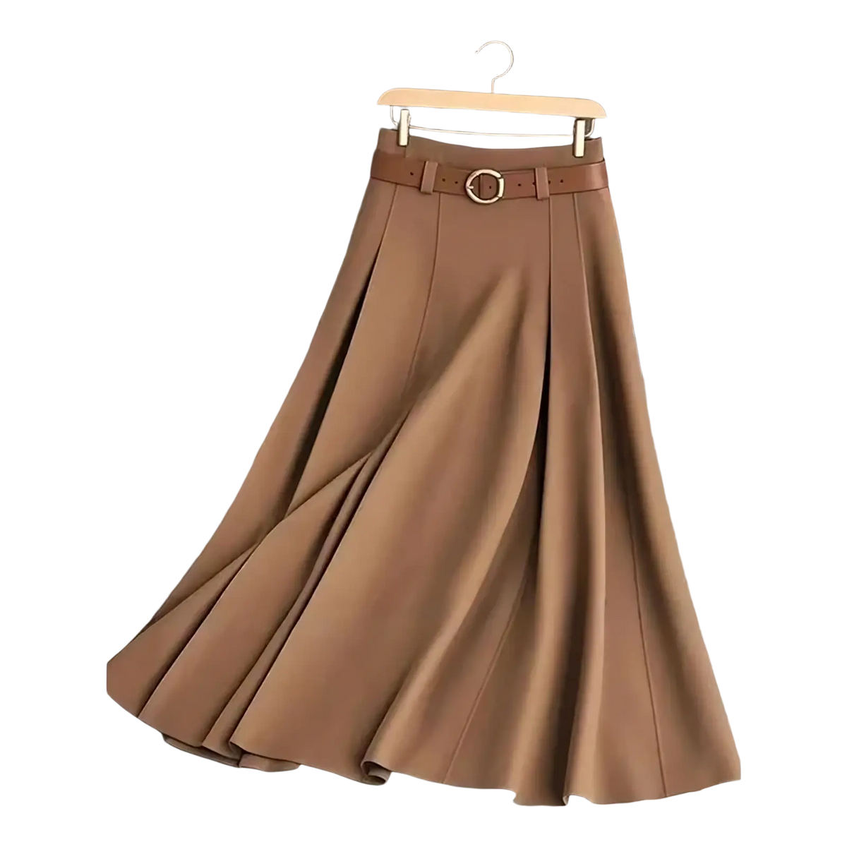A tan pleated office midi skirt made of lightweight fabric with a matching belt featuring a circular buckle displayed on a wooden hanger