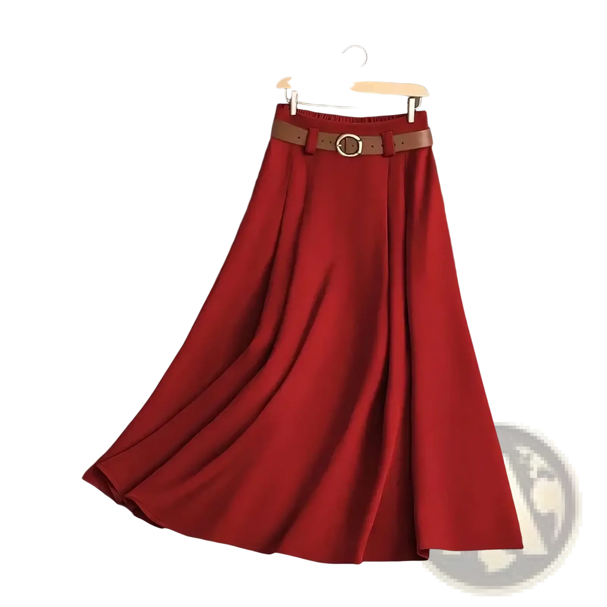 A vibrant red pleated office midi skirt with elastic waistband and brown leather belt with gold buckle