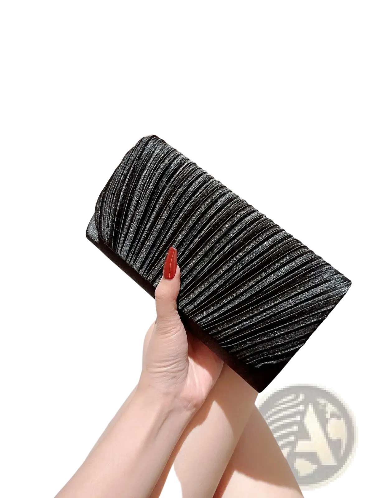 Black pleated satin clutch with a sleek textured surface and subtle sheen minimalist women’s evening bag