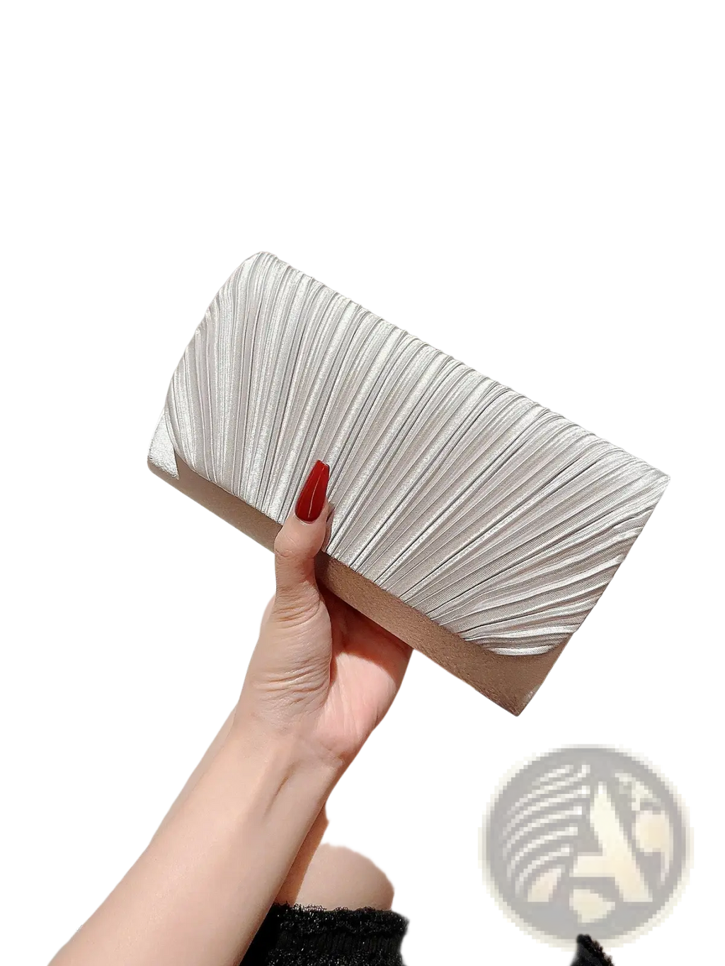 Silver pleated satin clutch with a sleek textured surface and minimalist design for women’s evening use