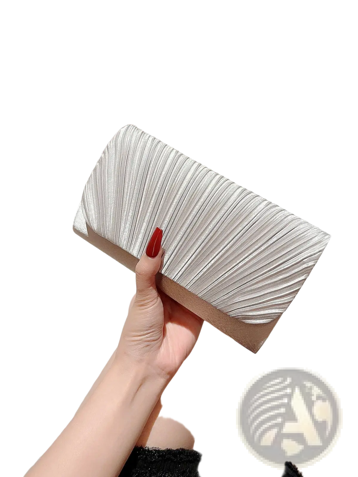 Silver pleated satin clutch with a sleek textured surface and minimalist design for women’s evening use